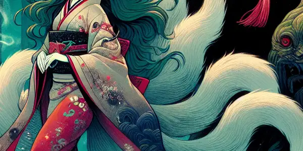 A mystical forest at dusk featuring a seductive fox spirit among glowing lanterns and ghostly figures.