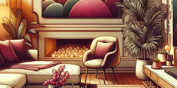 A cozy modern living room with a stylish couch, soft lighting, and a sleek TV, creating a relaxed entertainment atmosphere.