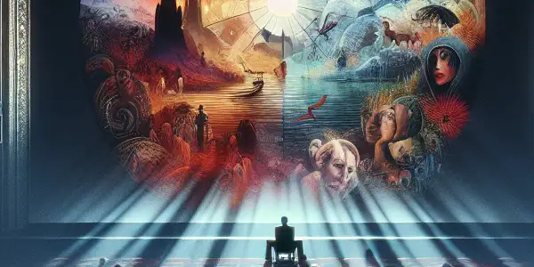 A vintage cinema hall showcasing an abstract film scene exploring themes of identity and societal debates.