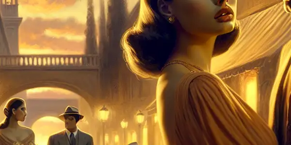 A romantic European street at dusk, featuring a longing woman and a conflicted man amidst nostalgic film imagery.