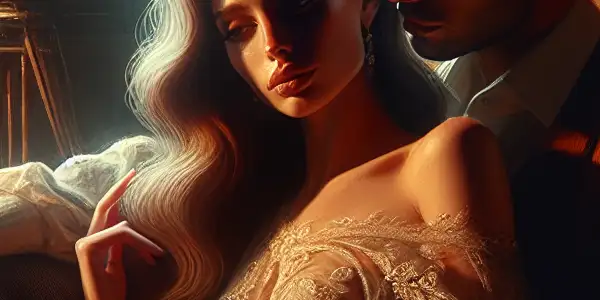 A romantic couple shares an intimate moment in a cozy, softly lit room with elegant decor.