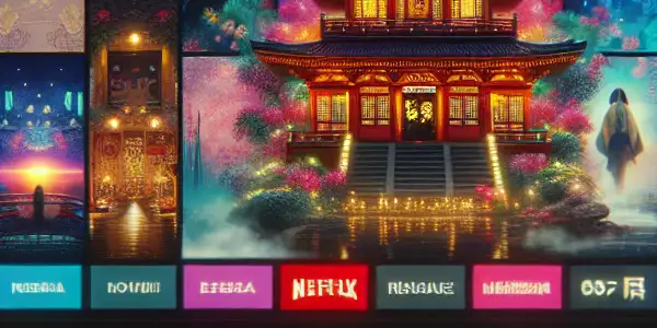 A modern digital interface displaying vibrant thumbnails of Asian adult content in a cozy, dimly lit home setting.