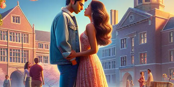 Two university students share a secretive moment under a cherry blossom tree on a vibrant campus.