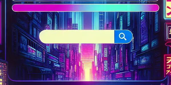 A modern search engine interface highlighting adult entertainment, featuring neon colors and stylized movie posters.