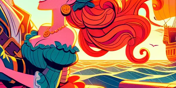 A vibrant pirate ship scene at sunset featuring a charismatic captain and a captivating navigator in a flirtatious moment.