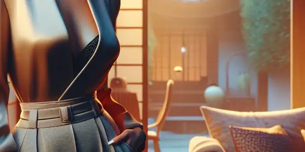 A confident woman in her thirties, elegantly dressed, in a stylish modern interior with warm lighting and serene garden view.