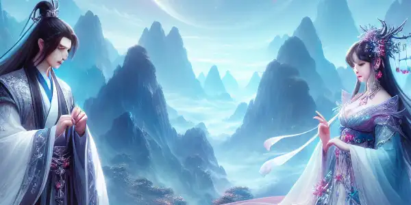 A mystical landscape with a female warrior and male cultivator sharing a passionate gaze under a starry sky.