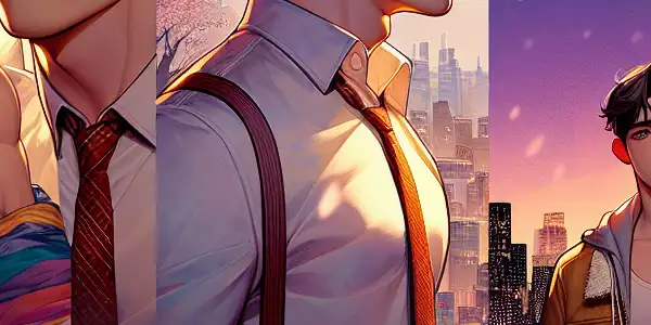 A young male character experiences sexual awakening in a romantic urban nightscape, surrounded by cherry blossoms and intimate elements.