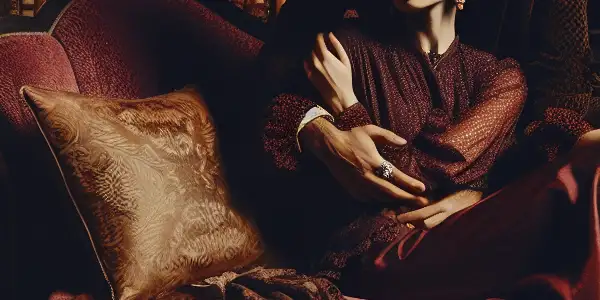 A couple in an intimate embrace in a luxurious, dimly lit boudoir filled with romantic details.