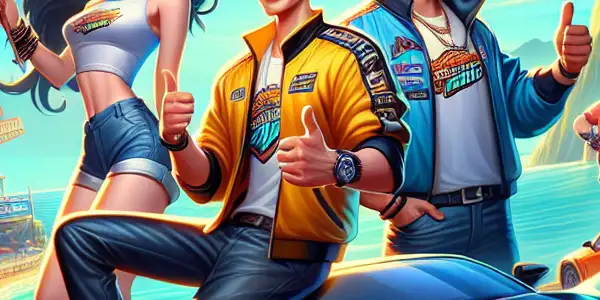 A thrilling coastal race featuring vibrant characters, friendship, and excitement under a bright blue sky.