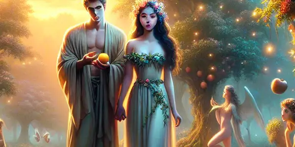 Adam and Eve in the Garden of Eden, surrounded by lush greenery, glowing fruit, and a serene river at dusk.