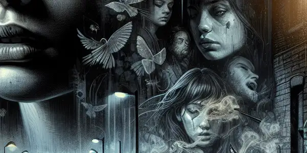 A young woman struggles with addiction in a dimly lit urban setting, surrounded by symbols of despair and hope.