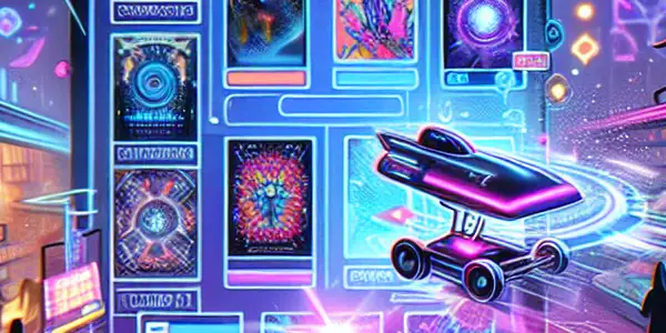 A futuristic online shopping interface showcasing diverse adult films in a vibrant virtual marketplace atmosphere.