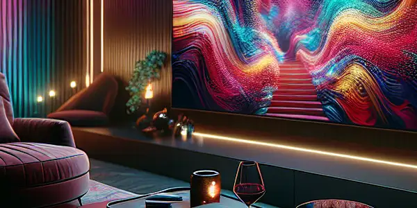 A cozy home entertainment setup featuring a modern TV, plush furniture, ambient lighting, wine, and popcorn for a movie night.