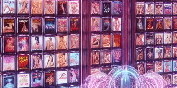 A futuristic digital interface showcasing a diverse collection of adult films and Japanese AV movie stars.
