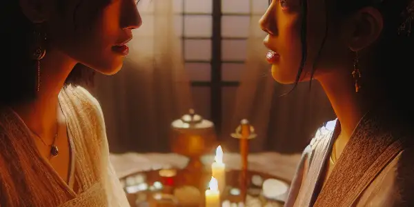 Two young women share an intimate, flirtatious moment in a softly lit, romantic bedroom setting.