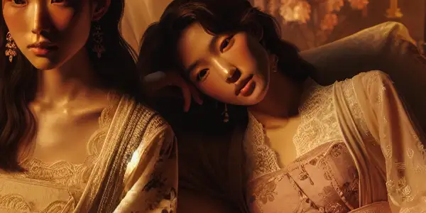 Two young women in a softly lit room, embodying sisterly intimacy with tender expressions and delicate clothing.