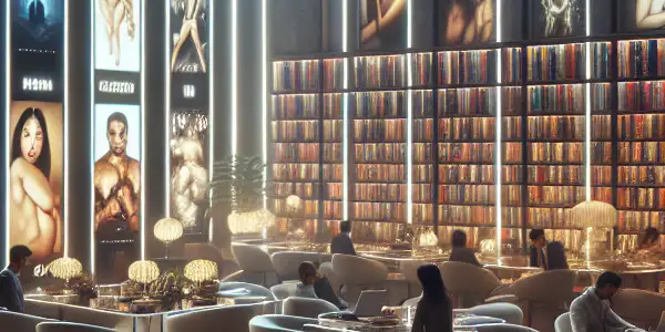 A modern digital library showcasing diverse adult film genres with inviting seating and ambient lighting.
