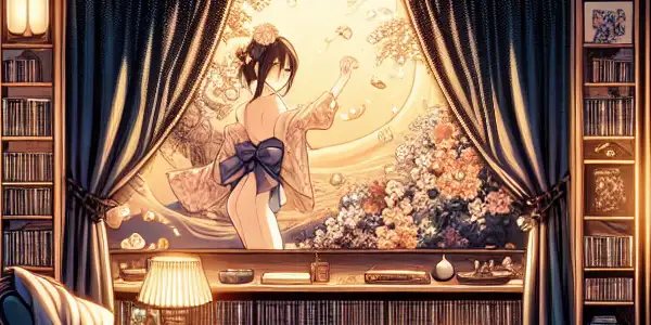 An intimate, elegantly decorated room showcasing a movie screen and elements of Japanese adult film culture.