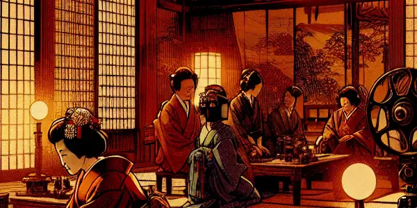A romantic scene featuring elegantly dressed characters in a traditional Japanese film set, blending classic and modern elements.