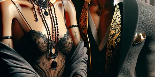 A passionate couple in a dimly lit, luxurious room, showcasing BDSM elements and cultural influences.