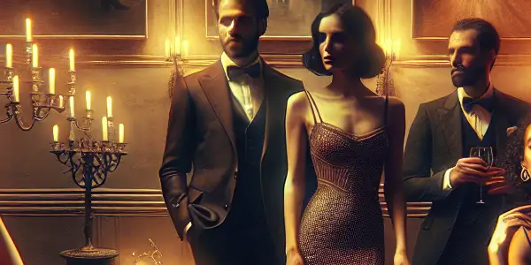 A luxurious lounge scene featuring elegantly dressed individuals engaged in intimate conversations, adorned with vintage adult film posters.