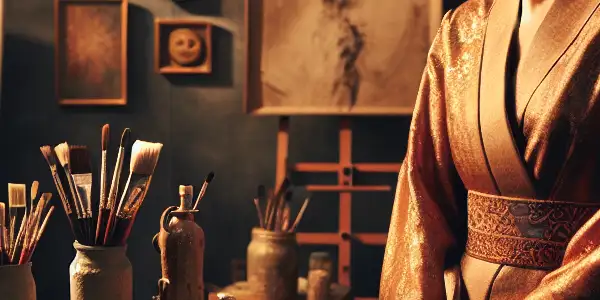 An elegant human model poses in an art studio, surrounded by classic supplies and sensual artwork, evoking intrigue and desire.