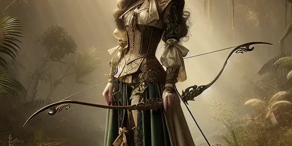 A graceful female hunter in a vibrant forest, holding a bow, surrounded by exotic plants and playful wildlife.