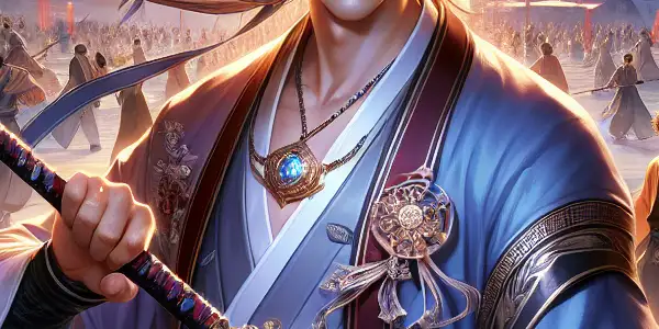 A heroic swordsman in a flowing robe amidst cherry blossoms, with students practicing martial arts on a vibrant campus.