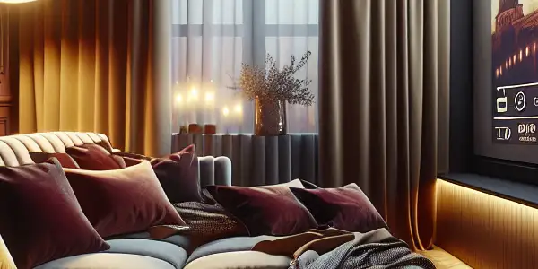 A cozy, intimate home theater with plush seating, ambient lighting, and an artistic romantic scene on screen.