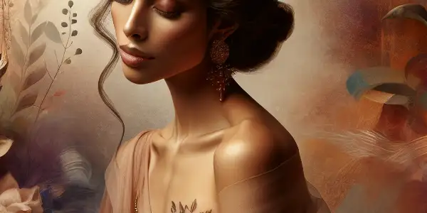 A graceful female figure in a dreamy atmosphere, surrounded by flowing fabrics and ethereal floral arrangements.