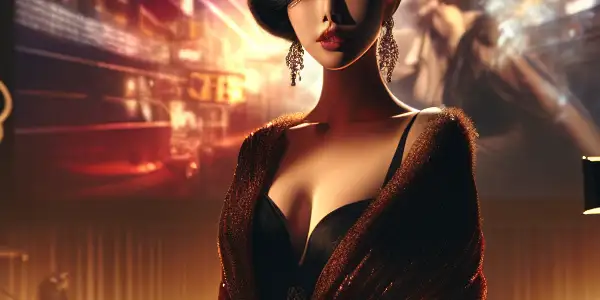 A captivating female figure in a dimly lit film studio, surrounded by vintage film elements and abstract visuals.