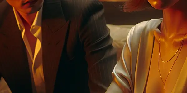 A tense, intimate moment between a young woman and a man in a warmly lit, traditionally decorated living room.